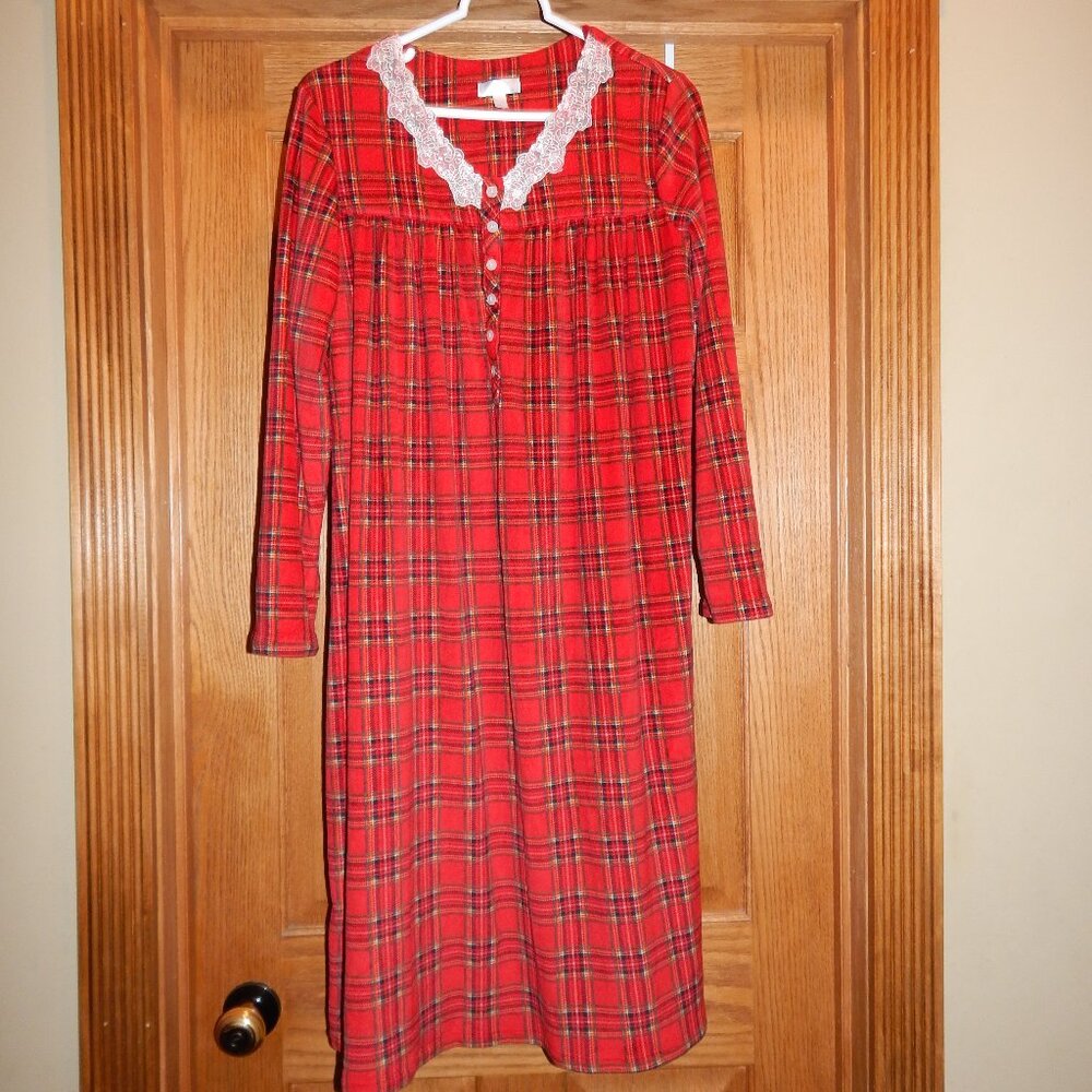Women Size M 8-10 Secret Treasures Red Tartan Plaid Velour Lace Collar Nightgown